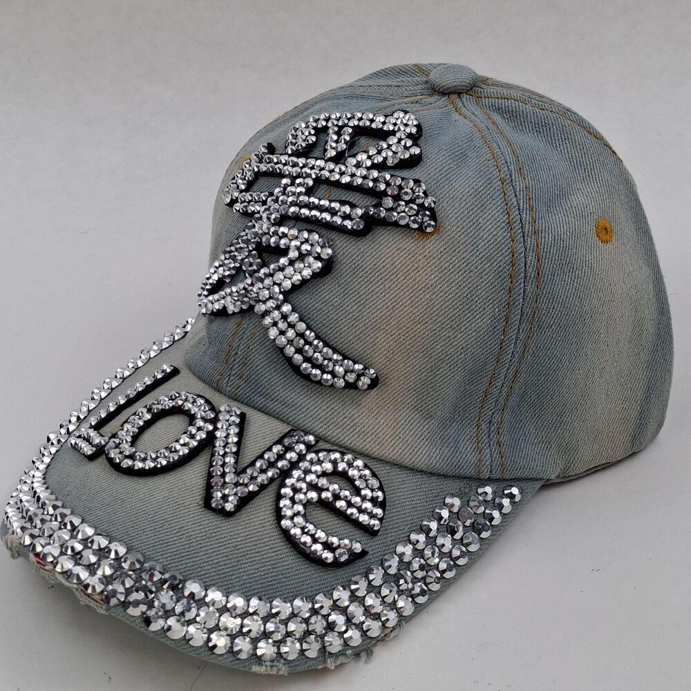 Love Rhinestone Hat Cap Strap Back One Size Blue Denim Bling Embellished Womens